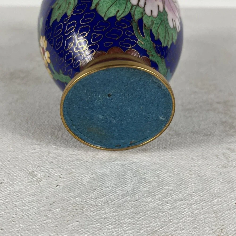 Vintage Deep Blue and Pink Cloisonne Vase Asian Style Peony Flower‎ Gold Accents